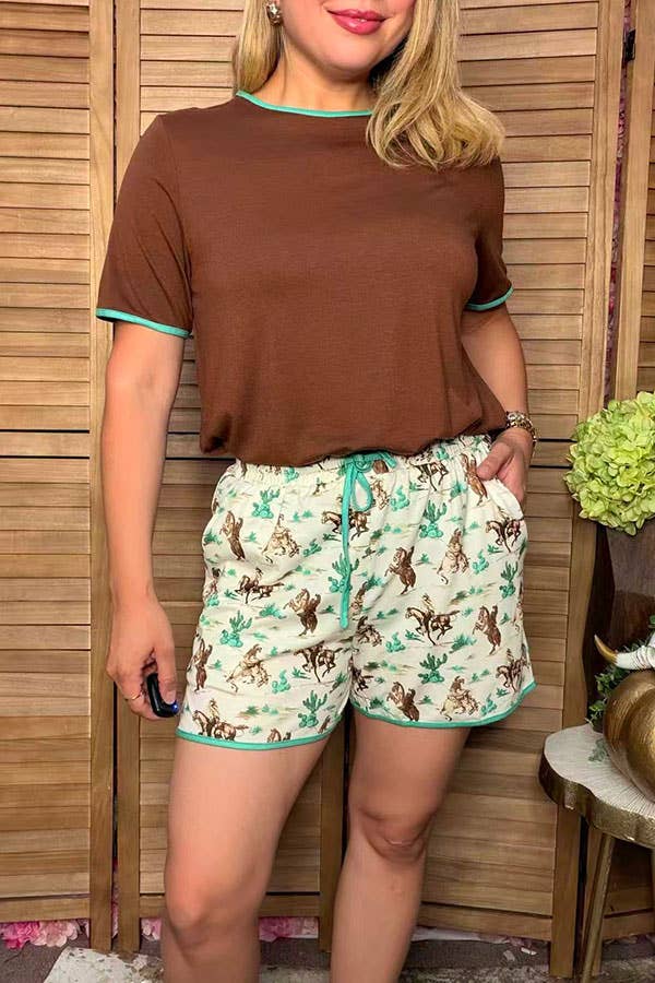 Western brown top cowgirl shorts women boutique set XCH17175