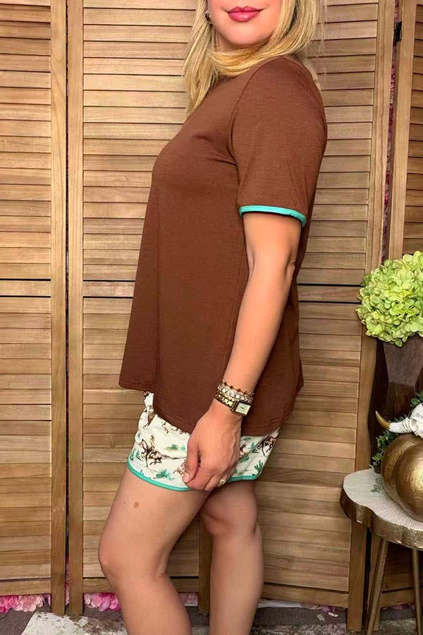 Western brown top cowgirl shorts women boutique set XCH17175