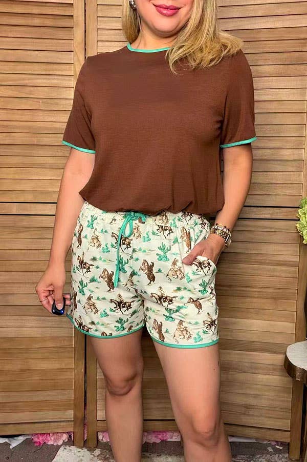 Western brown top cowgirl shorts women boutique set XCH17175